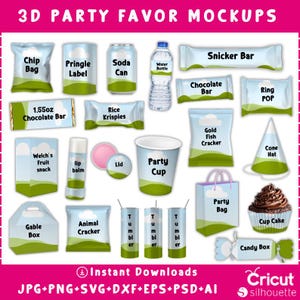 May include: A graphic displaying party favor mockups and templates. The image includes items such as chip bags, sweets, juice pouches, wine bottles, and gift bags. 
 Party Favor Template Bundle | Editable Canva Chip Bag, Capri Sun, Rice Krispies Wraps | Digital Download Set