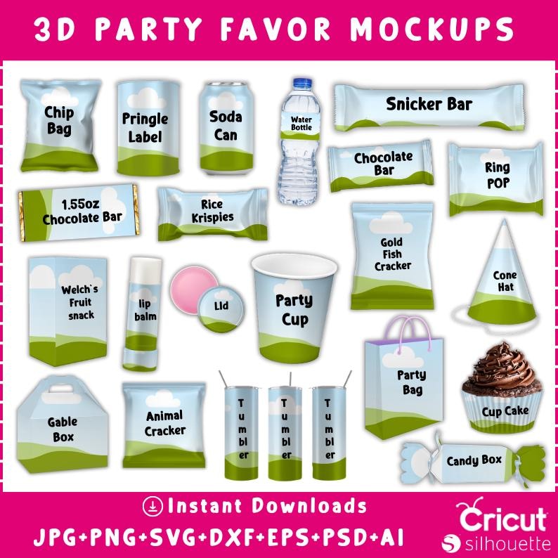 May include: A graphic displaying party favor mockups and templates. The image includes items such as chip bags, sweets, juice pouches, wine bottles, and gift bags. 
 Party Favor Template Bundle | Editable Canva Chip Bag, Capri Sun, Rice Krispies Wraps | Digital Download Set
