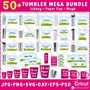 Könnte beinhalten: Eine Grafik mit einer Sammlung von Bechern, Pappbechern und Tassen. Das Bild enthält verschiedene Größen und Stile, wie z. B. schlanke Becher, Einmachgläser und Sportflaschen. Der Text enthält "50+ TUMBLER MEGA BUNDLE" und "Libbey + Paper Cup + Mugh."