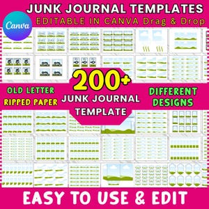 Könnte beinhalten: Eine lebendige Grafik, die Junk-Journal-Vorlagen zeigt, die in Canva bearbeitet werden können. Das Design zeigt ein Raster verschiedener Vorlagen mit Textüberlagerungen wie "JUNK JOURNAL TEMPLATES", "200+" und "EASY TO USE & EDIT". Das Farbschema ist überwiegend rosa, grün und weiß.