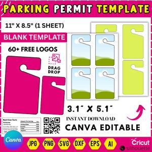 Könnte beinhalten: Eine Vorlage für Parkausweise mit einem rosa Design und einem Ausschnitt zum Aufhängen. Das Bild enthält mehrere Ausweisdesigns mit dem Text "PARKING PERMIT TEMPLATE" und "CANVA EDITABLE". Die Abmessungen sind 27,9 cm x 21,6 cm und 7,9 cm x 13 cm.
