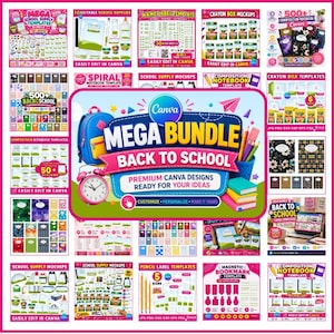 Mega-Canva-Paket für den Schulanfang, Schulmaterialien, Schulanfangs-Mockup, Unterrichtsmaterialien, Notizbuch, Buntstift, Namensschild, DIY
