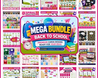 Back to School Canva Mega Bundle, School Supplies, Back to School Mockup, Teacher Resources, Composition Notebook, Crayon, Name Label, DIY