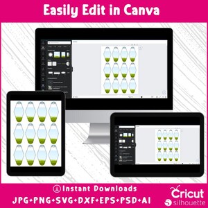 May include: A digital design displayed on a desktop computer, tablet, and smartphone. The screens show a template with a green and blue design. The image includes the text "Easily Edit in Canva" and "Instant Downloads". The Cricut silhouette logo is also visible.