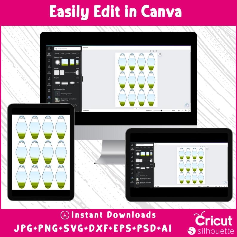 May include: A digital design displayed on a desktop computer, tablet, and smartphone. The screens show a template with a green and blue design. The image includes the text "Easily Edit in Canva" and "Instant Downloads". The Cricut silhouette logo is also visible.