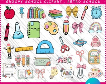 Groovy School-clipartbundel: retro-leraarafbeeldingen (digitale download SVG, PNG)