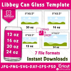 Könnte beinhalten: Eine digitale Download-Vorlage für ein Libbey-Dosen-Glas. Die Vorlage umfasst 7 Dateiformate: JPG, PNG, SVG, DXF, EPS und PSD. Die Vorlage ist in 4 Größen erhältlich: 12 oz, 16 oz, 20 oz und 24 oz. Die Vorlage zeigt ein Design mit einem grünen Hügel und blauem Himmel.