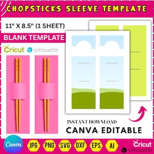 May include: A pink template for chopsticks sleeves with the text "CHOPSTICKS SLEEVE TEMPLATE" and "BLANK TEMPLATE". The template is 11" x 8.5" and includes a Canva editable design. The image also shows a pair of chopsticks.
