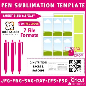 以下が含まれることがあります： 雲、丘、栄養成分表示ラベルのデザインが施された、ペン用の昇華テンプレートです。テンプレートは、JPG、PNG、SVG、DXF、EPS、PSDなど、7つのファイル形式で入手できます。シートサイズは8.5インチ×11インチです。