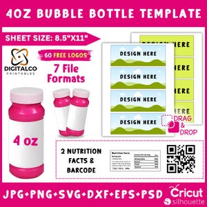 Könnte beinhalten: Eine druckbare Vorlage für 4 oz Blasenflaschen. Die Vorlage enthält 60 kostenlose Logos, 7 Dateiformate, 2 Nährwertangaben und einen Barcode. Die Blattgröße beträgt 8,5 Zoll mal 11 Zoll. Die Vorlage ist mit Cricut und Silhouette kompatibel.