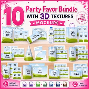 Könnte beinhalten: Ein digitales Party-Geschenk-Bundle-Mockup-Set mit 10 Vorlagen, darunter Chipstüten, Schokoriegel, Wasserflaschen, Geschenktüten, Kegelhüte, Pringle-Etiketten, Getränkedosen-Etiketten, Capri-Sun-Beutel, Fruchtsnack-Boxen, Ring-Pops und KitKat-Verpackungen.