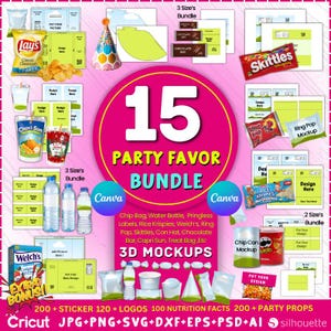 May include: A colourful graphic showcasing a party favour bundle with 3D mockups. The design includes mockups for various items like chip bags and water bottles. The text reads "15 Party Favor Bundle" with additional text and logos.
