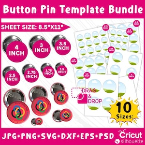 May include: A digital template bundle for creating button pins in 10 different sizes, ranging from 1.5 inches to 4 inches. The template includes a sheet size of 8.5 inches by 11 inches, with a drag and drop feature for easy customization. The image also shows a sample button pin design with the text "World Yodel Day" and a colorful graphic.