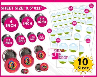Pacchetto di modelli per spille con bottone, etichette circolari, creatore di badge, spilla con bottone in formato SVG, badge con bottone, fai da te, trascinamento della selezione modificabile su Canva, download digitale fai da te