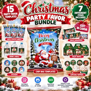 May include: A Christmas party favor bundle featuring 15 editable templates including juice pouch labels, drink labels, stickers, snack wrappers, treat boxes, chip bag templates, and cupcake toppers. The design features Santa Claus, pine trees, and text.