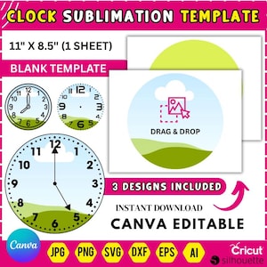 Könnte beinhalten: Uhr-Sublimationsvorlage mit drei Designs, darunter eine leere Vorlage und ein Design mit einer Landschaft. Die Vorlage ist 27,9 cm x 21,6 cm groß und mit Canva bearbeitbar. Enthält JPG-, PNG-, SVG-, DXF-, EPS- und AI-Formate.