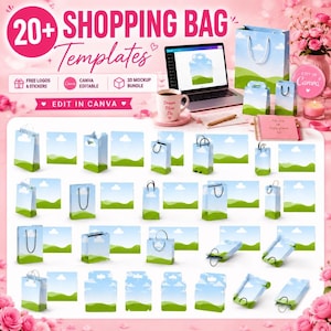 May include: A digital collection of 20+ shopping bag templates featuring a blue sky with white clouds and green hills design. The set includes various bag shapes, sizes, and orientations, displayed alongside a laptop and a pink notebook.