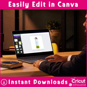 May include: A laptop displaying a lighter design on a white background. The screen shows the Canva editing interface. The image includes the text "Easily Edit in Canva" and "Instant Downloads". A pen and book are on the desk.