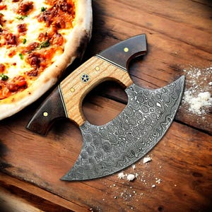 Alaskan Ulu Knife , Handmade Forged 6&quot; Damascus Steel Pizza Cutter Knife with Non-Slip Wooden Handle, Premium Food Salad Chopper Knife