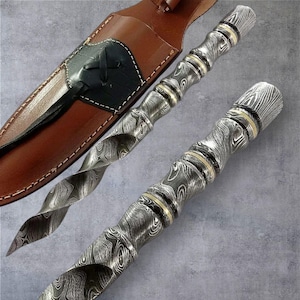 Damascus Steel Tri Edge Dagger Knife with Leather Sheath