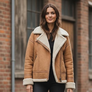 May include: A brown shearling jacket with cream-coloured shearling lining and trim. The jacket features an asymmetrical zip closure, a wide lapel collar, and zippered pockets. The cuffs are also trimmed with cream-coloured shearling.
