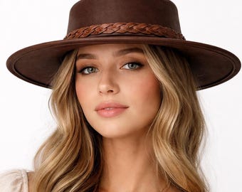 Sombrero Fedora de cuero negro hecho a mano, ala ancha, banda trenzada