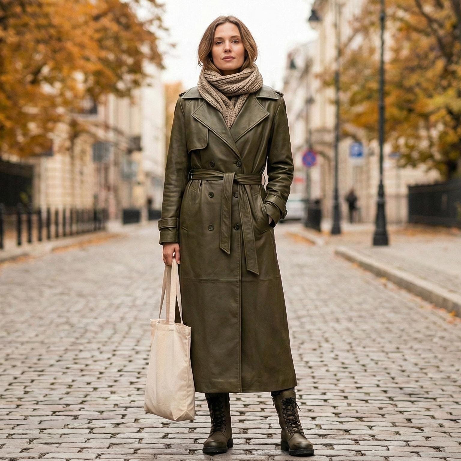 Women's Olive Green Leather Trench Coat, Long Double Breasted