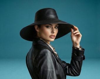 Sombrero de ala ancha de cuero para mujer / Sombrero de sol flexible / Fedora negro elegante / Sombrero de festival bohemio chic