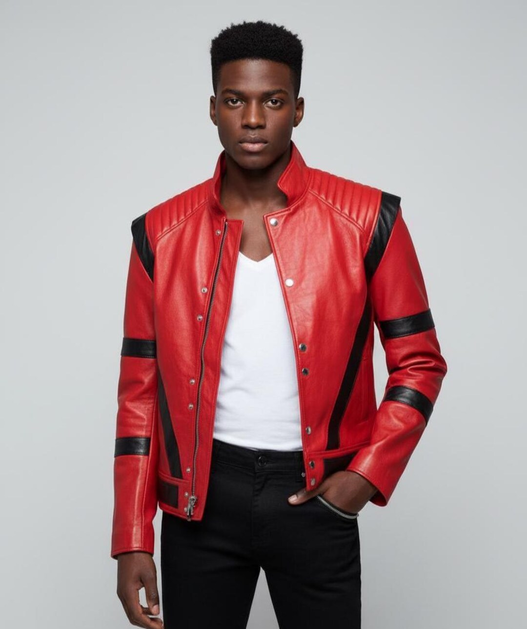 ポルテ　レッド ストライプジャケット サイズ145 Men's Red Leather Thriller Jacket – Michael Jackson Inspired Moto