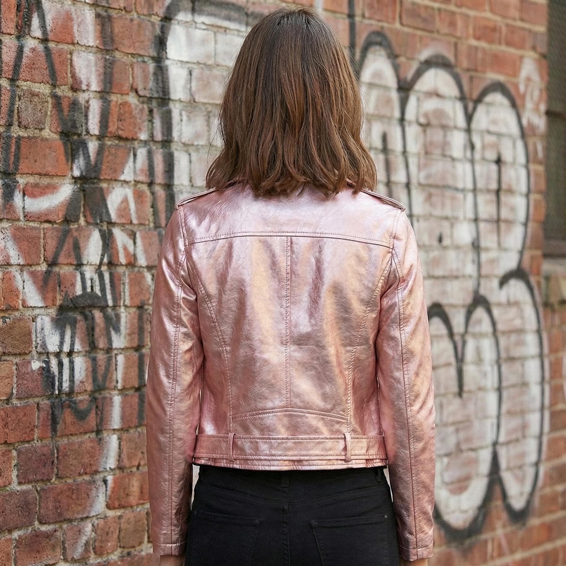 Pink Metallic Leather Biker Jacket, Rose Gold Moto Coat, Custom