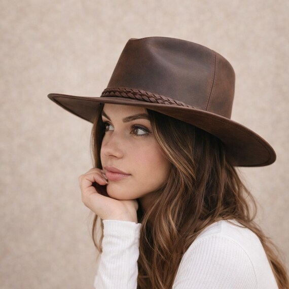 Handmade Brown Leather Fedora Hat | Women's Wide Brim, Braided Band