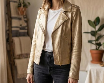 Gold Metallic Leather Jacket: - Unisex Shiny Moto Biker Coat - Etsy