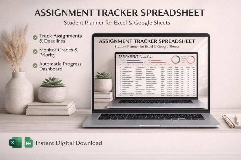 Assignment Tracker Layout Excel Student Assignment Tracker: Google Sheets, Excel Digital Planner ...