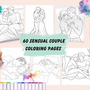 Puede incluir: Una colección de páginas para colorear con escenas íntimas de parejas. La imagen incluye varios dibujos lineales de parejas abrazándose, junto con el texto "60 Sensual Couple Coloring Pages". También se ven lápices de colores y rotuladores.