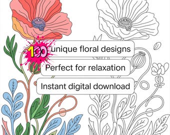 Botanical Flower Coloring Book: 100+ Floral Designs (Digital Download)