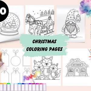 Könnte beinhalten: Eine Sammlung von 100 Weihnachtsmalvorlagen mit verschiedenen festlichen Illustrationen, darunter eine Schneekugel, ein Pferdeschlitten und ein Wichtel. Die Worte "Weihnachts-Malvorlagen" sind in der Mitte zu sehen.