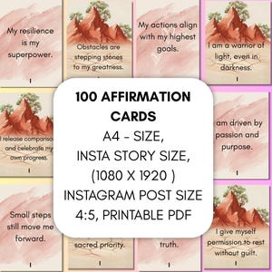 Empowerment Affirmation Cards Set 100 | Printable PDF for Mindfulness & Meditation | Positive Quotes for Insta and Instagram