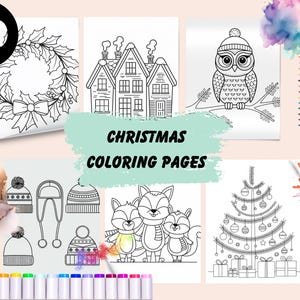 Könnte beinhalten: Eine Sammlung von 20 Weihnachtsmalvorlagen mit verschiedenen festlichen Illustrationen, darunter ein Kranz, Häuser, eine Eule, Mützen, Füchse und ein geschmückter Baum. Der Text "CHRISTMAS COLORING PAGES" ist zu sehen. Buntstifte und Marker sind ebenfalls sichtbar.