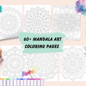 Może przedstawiać: Zestaw ponad 60 stron do kolorowania z mandalami do wydrukowania. Strony zawierają skomplikowane wzory z różnymi wzorami. Strony są idealne dla dorosłych i dzieci, które lubią kolorować.
