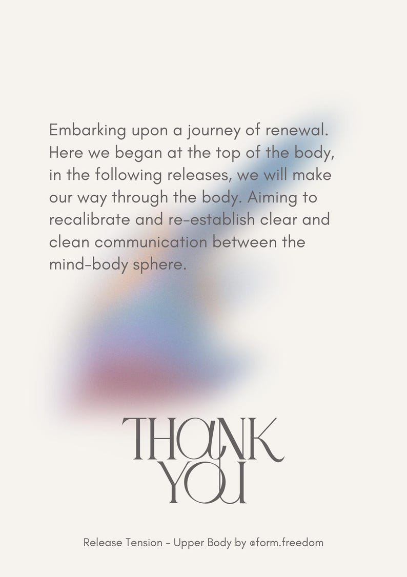 K&ouml;nnte beinhalten: Vertikales Bild mit weichem, verschwommenem Hintergrund in Pastellfarben. Der Text "THANK YOU" ist prominent in einer eleganten Schriftart dargestellt. Zus&auml;tzlicher Text beschreibt eine Reise der Erneuerung und Entspannung.