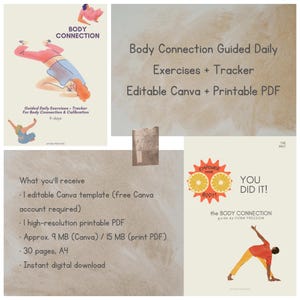 May include: Digital download with the text "Body Connection Guided Daily Exercises + Tracker". Includes an editable Canva template and a high-resolution printable PDF. Features illustrations of yoga poses and the text "You Did It!"