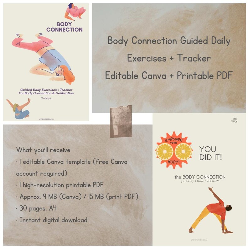 May include: Digital download with the text "Body Connection Guided Daily Exercises + Tracker". Includes an editable Canva template and a high-resolution printable PDF. Features illustrations of yoga poses and the text "You Did It!"