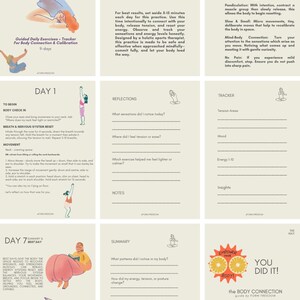 May include: A guide for body connection and calibration, featuring illustrations of exercises and body positions. The 9-day tracker includes sections for reflections, a tracker, and a summary, with the text "BODY CONNECTION" at the top.