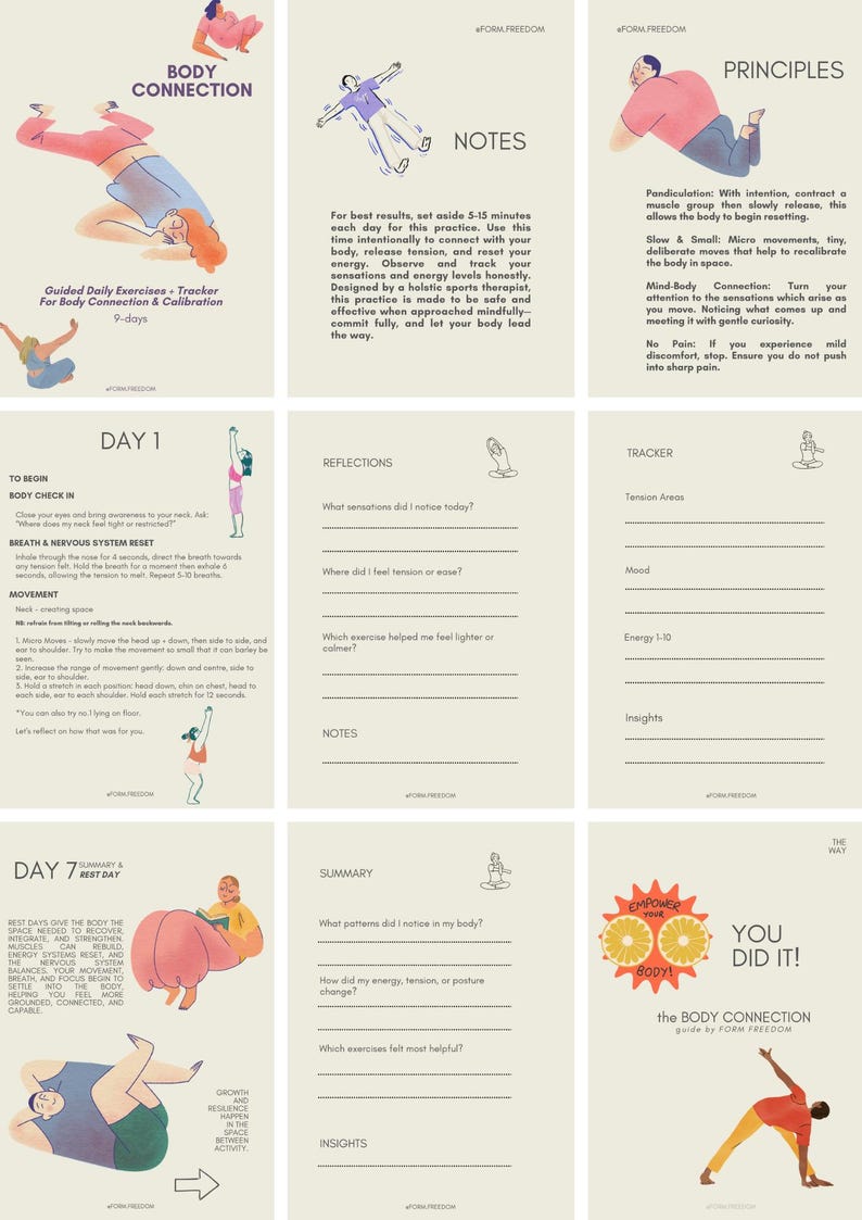 May include: A guide for body connection and calibration, featuring illustrations of exercises and body positions. The 9-day tracker includes sections for reflections, a tracker, and a summary, with the text "BODY CONNECTION" at the top.