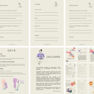 May include: A collection of beige-colored journal pages with handwritten text and illustrations. The pages include sections for reflections, tracking, and notes. The image also features a disclaimer and illustrations of yoga poses.