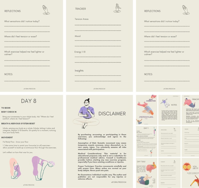 May include: A collection of beige-colored journal pages with handwritten text and illustrations. The pages include sections for reflections, tracking, and notes. The image also features a disclaimer and illustrations of yoga poses.