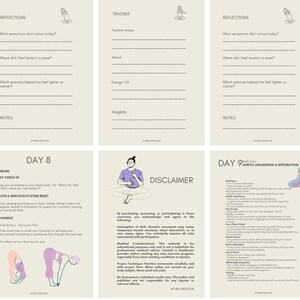 May include: A set of cream-colored journal pages with black text and illustrations. The pages include sections for reflections, a tracker, and notes. The journal also features a disclaimer and instructions for body awareness exercises.