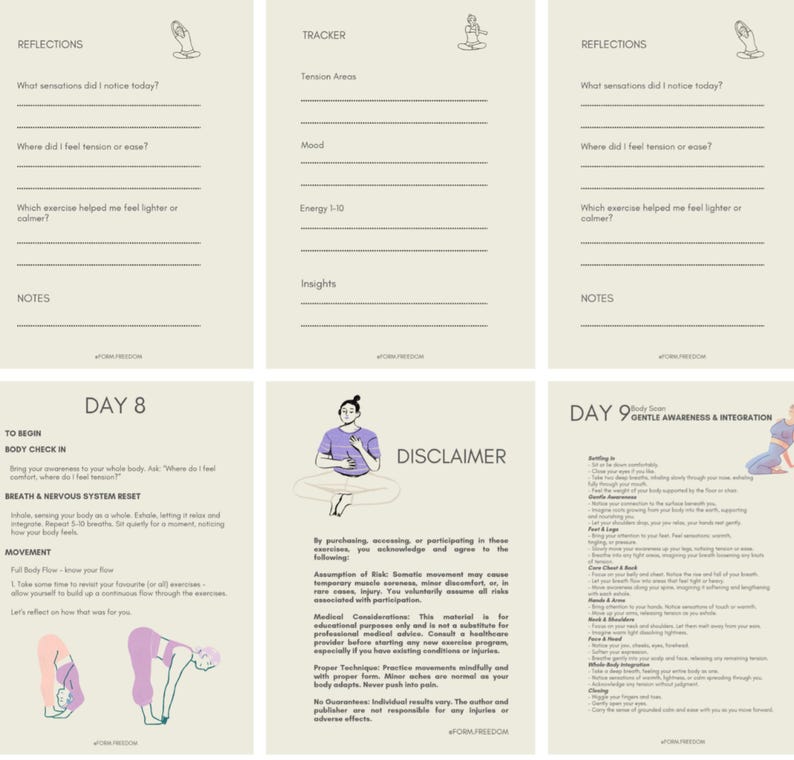May include: A set of cream-colored journal pages with black text and illustrations. The pages include sections for reflections, a tracker, and notes. The journal also features a disclaimer and instructions for body awareness exercises.