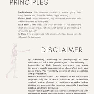 K&ouml;nnte beinhalten: Cremefarbenes Informationsdokument mit den Titeln &bdquo;PRINCIPLES&ldquo; und &bdquo;DISCLAIMER&ldquo;. Der Text beschreibt &Uuml;bungsrichtlinien und einen Haftungsausschluss zu potenziellen Risiken. Auf der linken Seite befindet sich eine Skelettillustration.