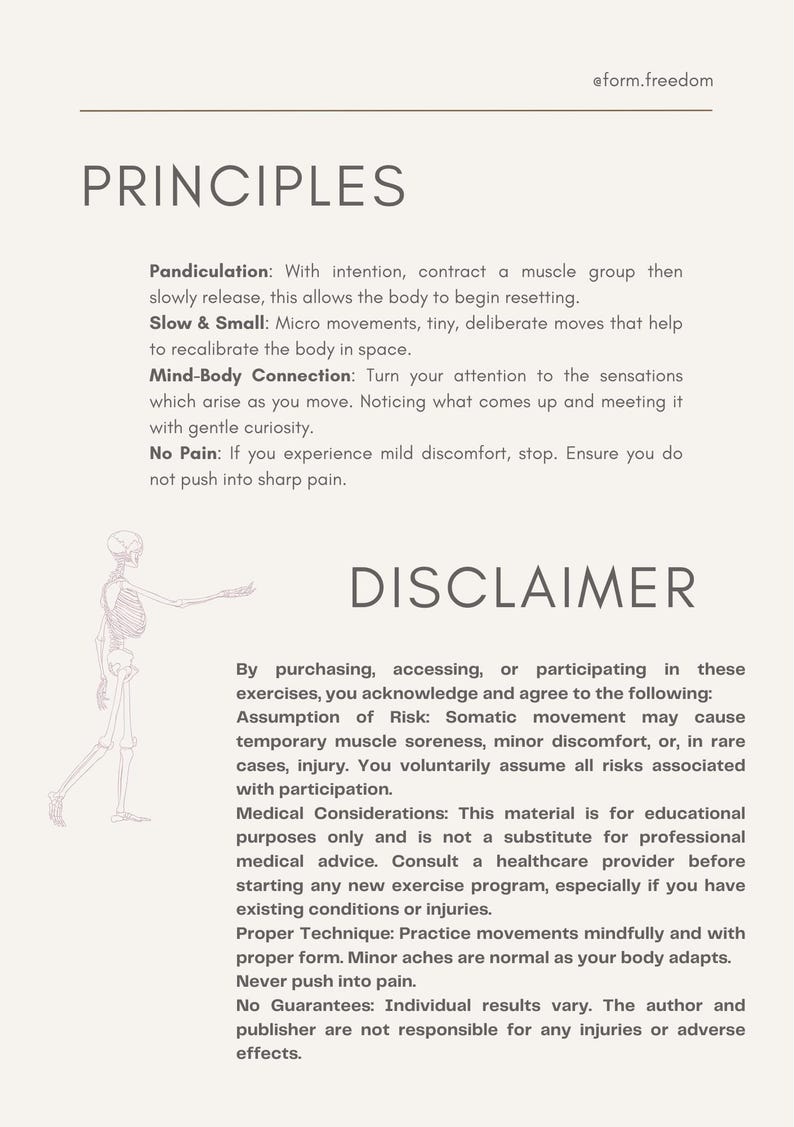 K&ouml;nnte beinhalten: Cremefarbenes Informationsdokument mit den Titeln &bdquo;PRINCIPLES&ldquo; und &bdquo;DISCLAIMER&ldquo;. Der Text beschreibt &Uuml;bungsrichtlinien und einen Haftungsausschluss zu potenziellen Risiken. Auf der linken Seite befindet sich eine Skelettillustration.